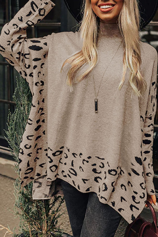 Khaki Leopard Casual Side Slit High Neck Oversized Sweater-Chaelisa's New Jammies