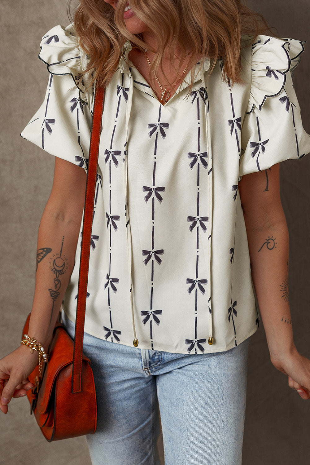 Beige Bow Printed Ruffled Bubble Sleeve Tied Notched V Neck Blouse-Chaelisa's New Jammies