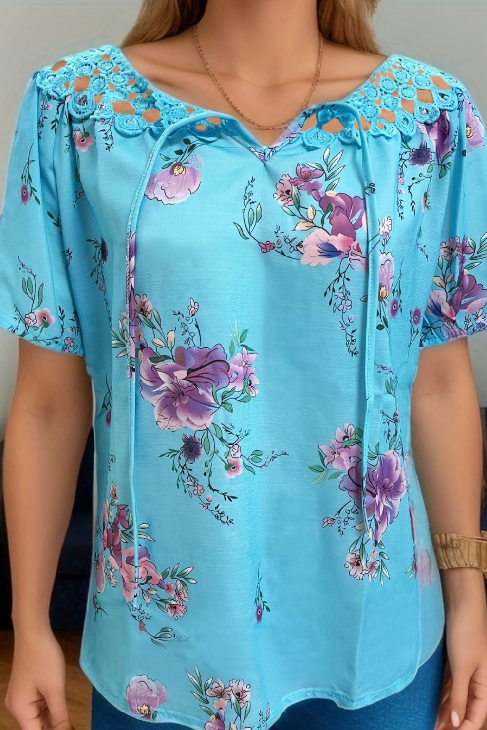 Full Size Printed Tie Neck Short Sleeve Blouse-Chaelisa's New Jammies