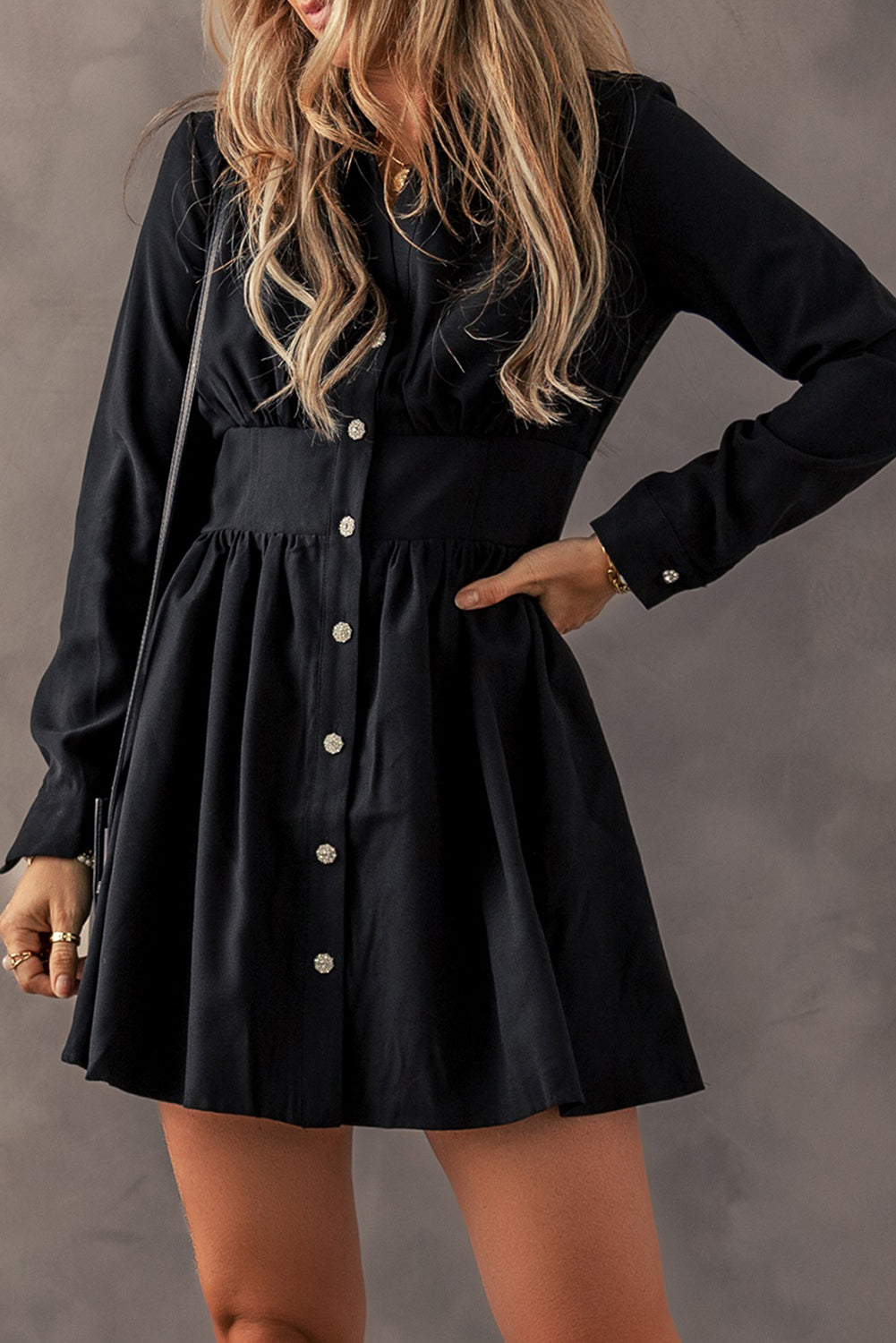 Black Elastic Cinched High Waist Long Sleeve Shirt Mini Dress-Chaelisa's New Jammies
