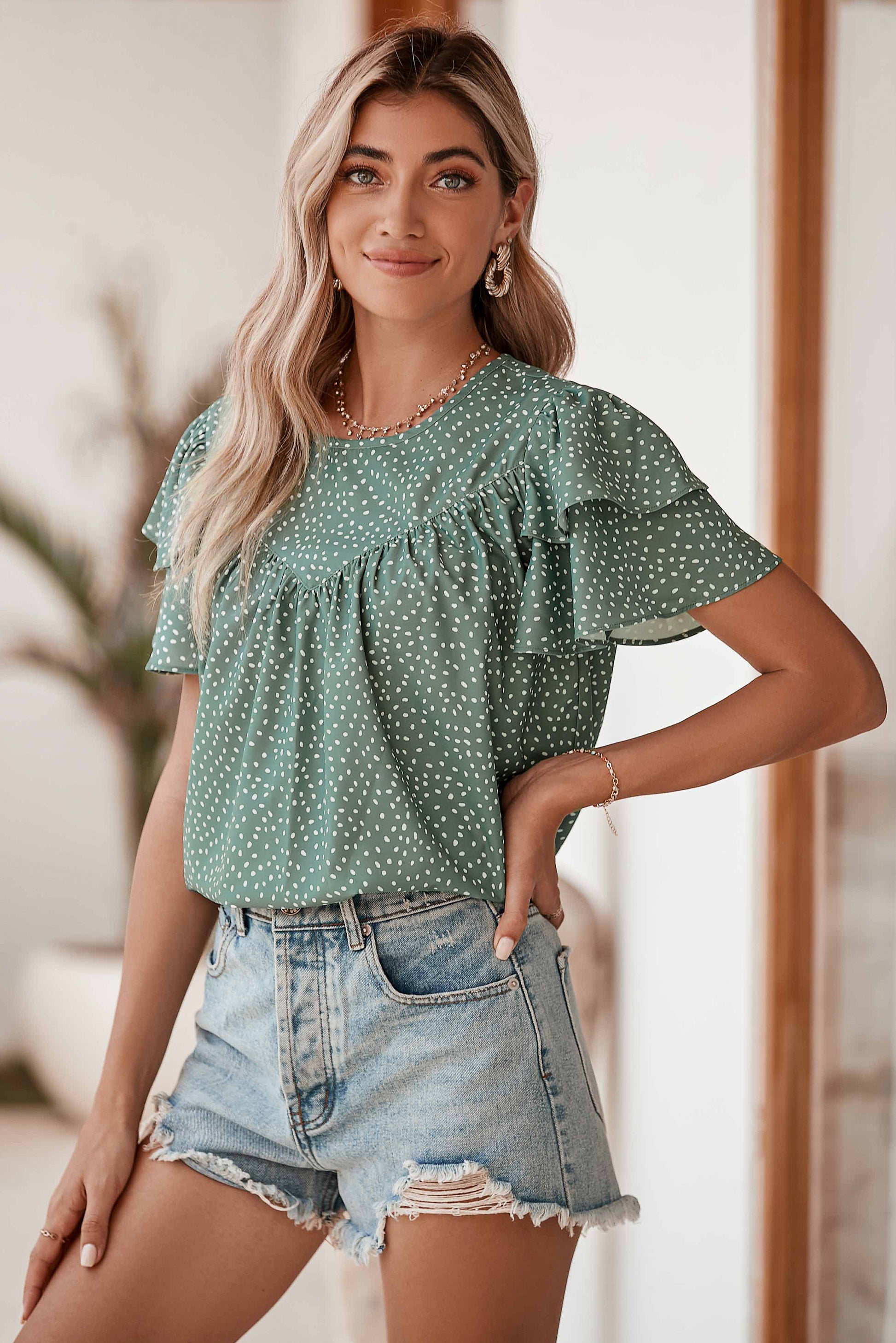Laurel Green Spotted Print Pleated Ruffle Sleeve Blouse-Chaelisa's New Jammies