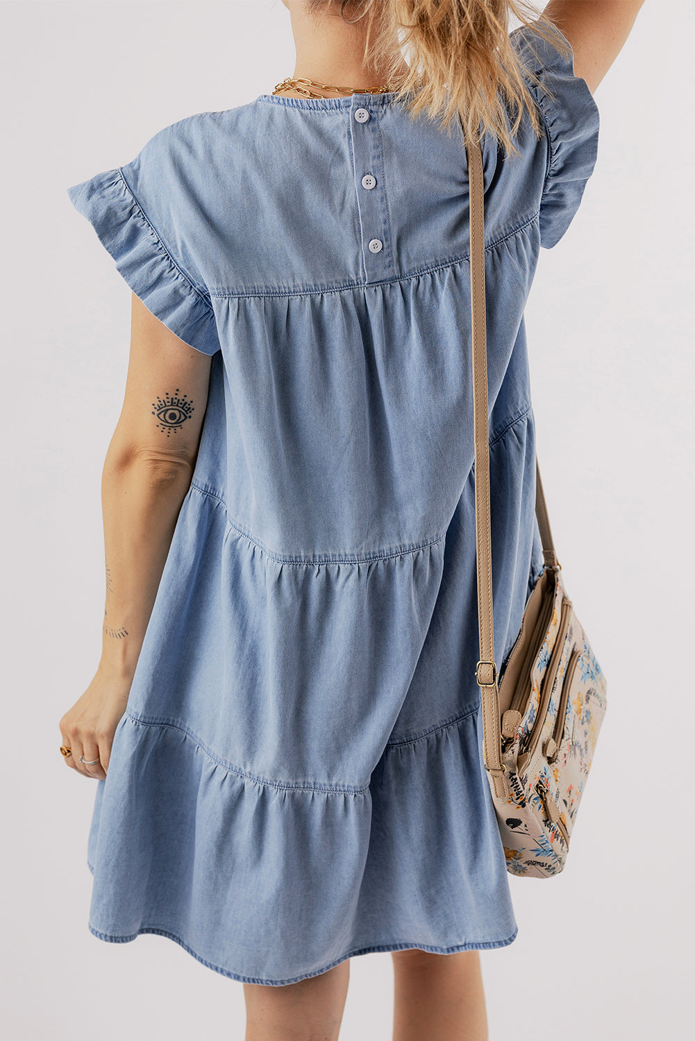 Beau Blue Ruffle Short Sleeve Tiered A-line Denim Dress-Chaelisa's New Jammies