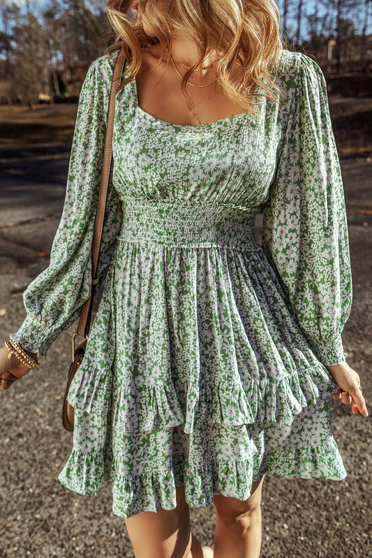 Green Floral Print Square Neck Shirred Waist Tiered Ruffled Mini Dress-Chaelisa's New Jammies