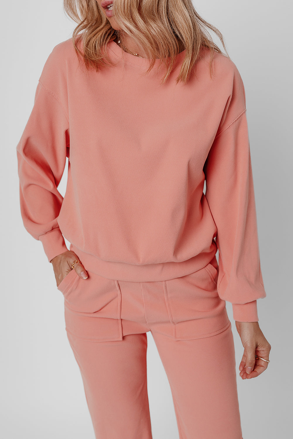 Blossom Ribbed Knit Drop Shoulder Pocketed Two Piece Lounge Set-Chaelisa's New Jammies