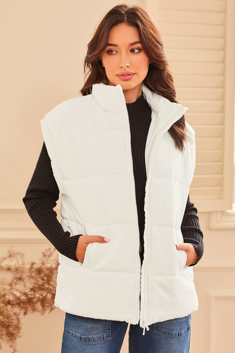 Beige Zipper Stand Neck Oversized Puffer Vest-Chaelisa's New Jammies