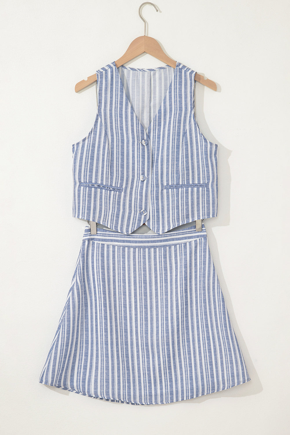 Sky Blue Stripe Buttoned Office Waistcoat Mini Skirt Set-Chaelisa's New Jammies