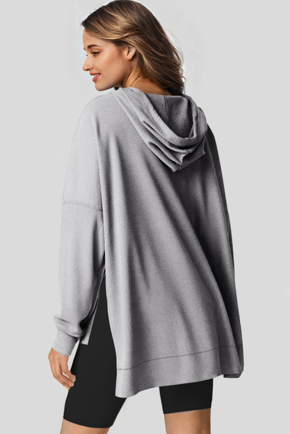 Gray Waffle Knit Fleece Lined High Low Oversized Hoodie-Chaelisa's New Jammies