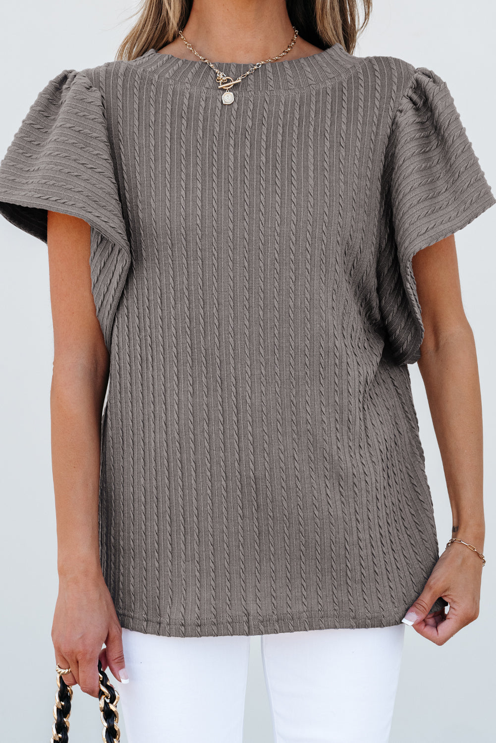 Sleet Solid Color Textured Flutter Sleeve Top-Chaelisa's New Jammies