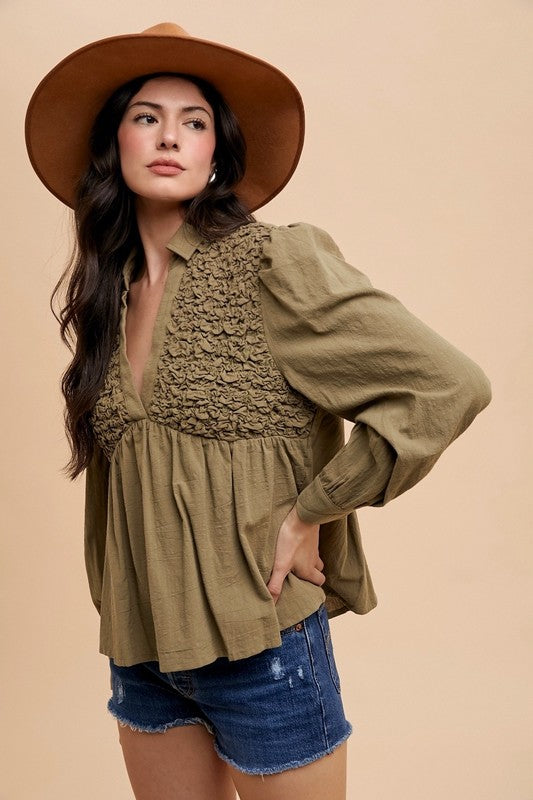 Annie Wear Smocked Front Long Sleeve Babydoll Blouse-Chaelisa's New Jammies