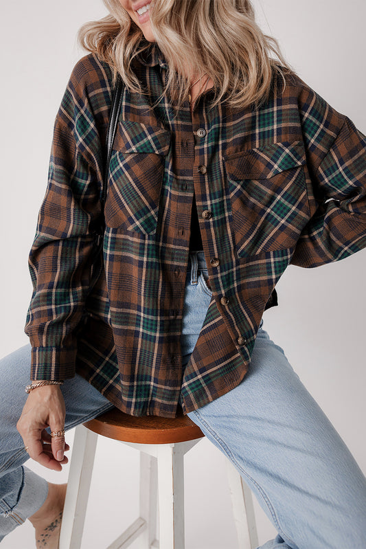Brown Plaid Print Chest Pockets Buttoned Shirt Jacket-Chaelisa's New Jammies