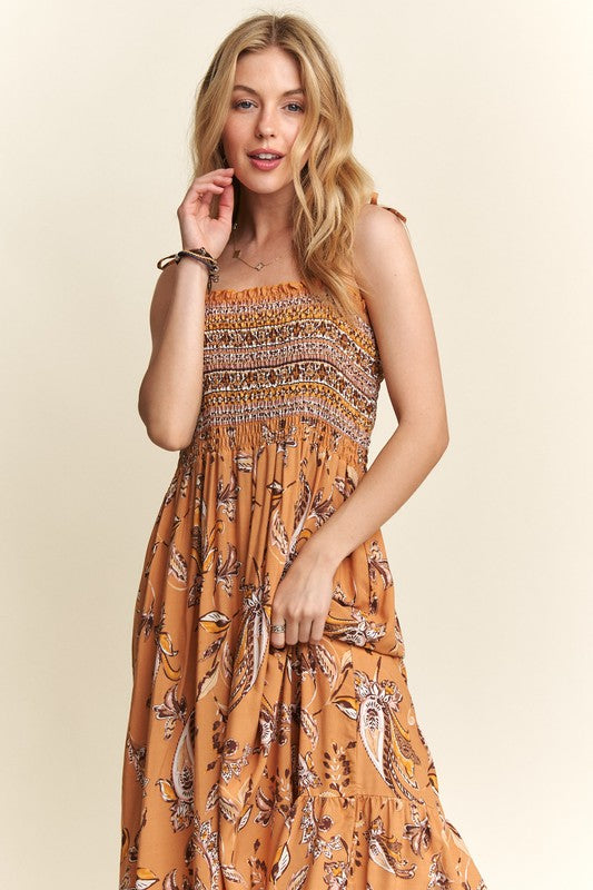 ADORA Smocked Printed Square Neck Tie Shoulder Cami Dress-Chaelisa's New Jammies