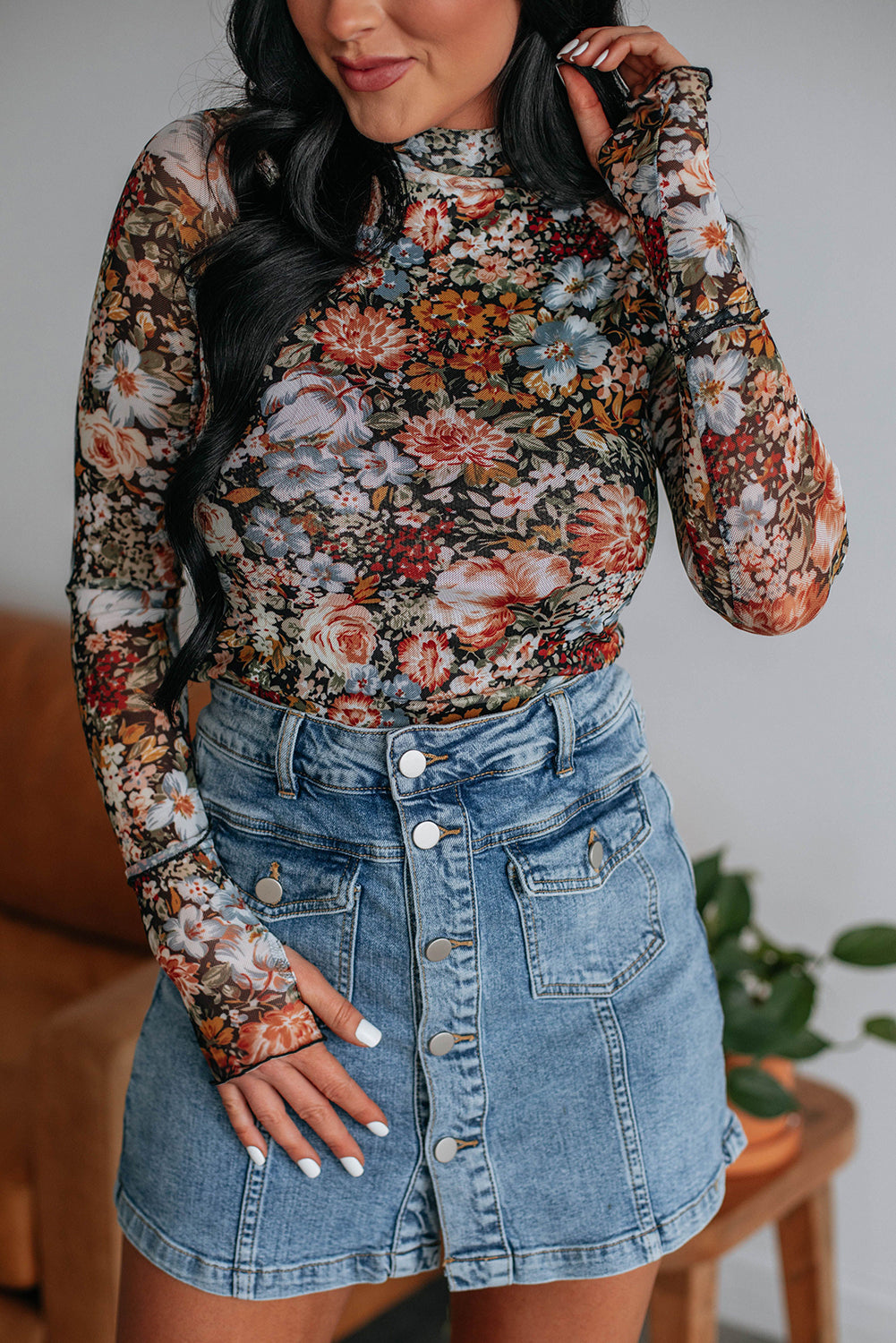 Brown Floral Long Sleeve High Neck Sheath Mesh Blouse-Chaelisa's New Jammies