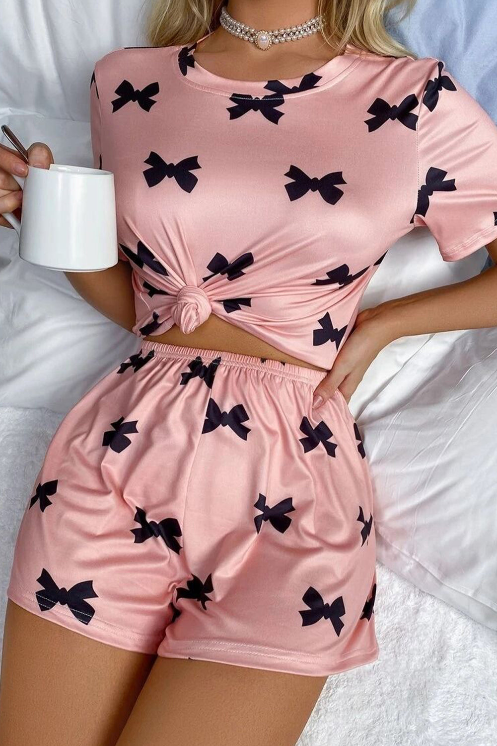 Pink Bow Printed Short 2pcs Lounge Set-Chaelisa's New Jammies