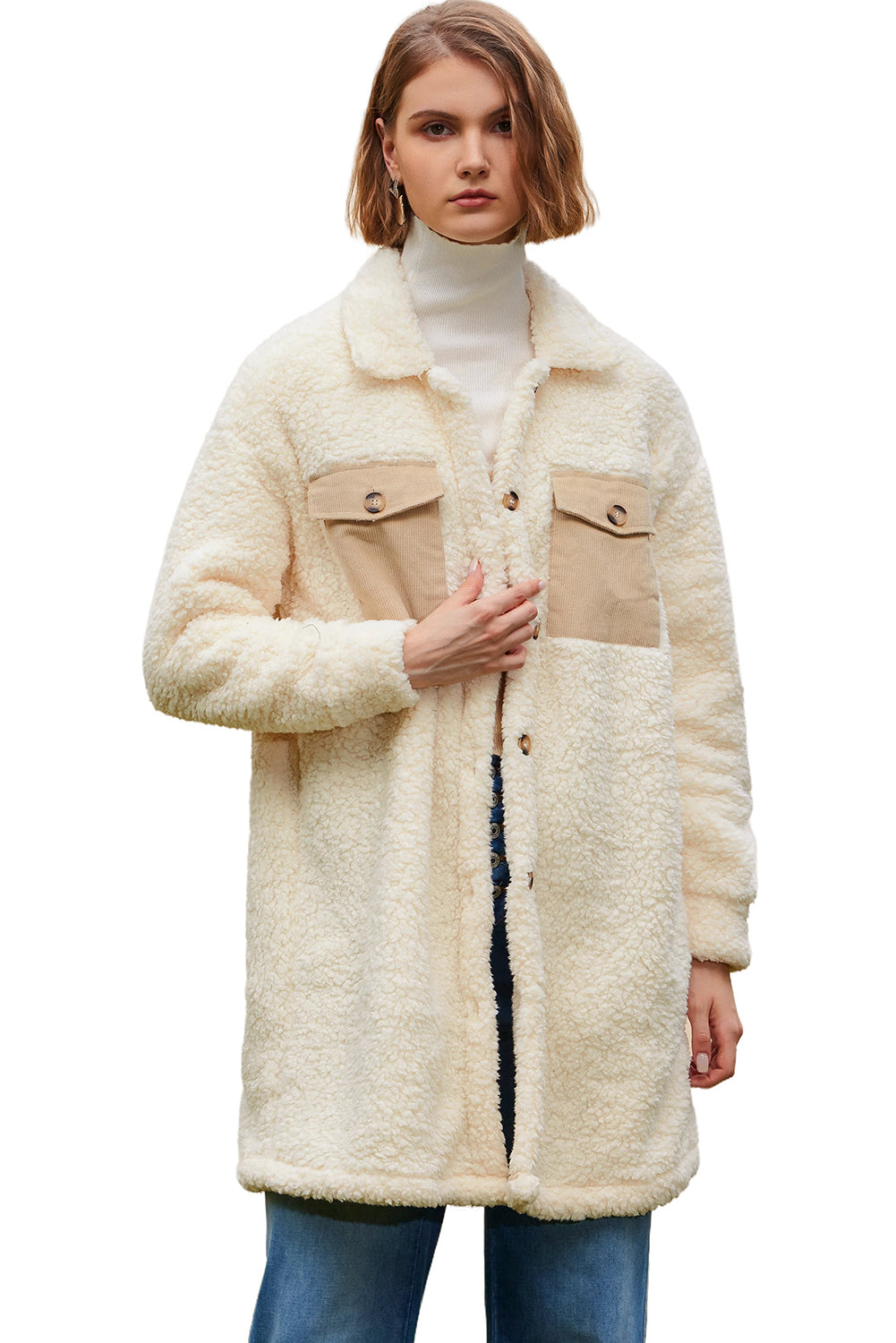 Beige Contrast Flap Pocket Single Breasted Teddy Coat-Chaelisa's New Jammies