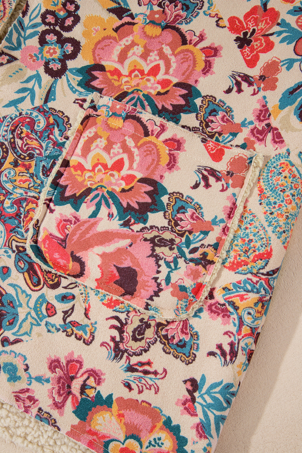 Beige Vintage Paisley Floral Printed Sherpa Lined Hooded Jacket-Chaelisa's New Jammies