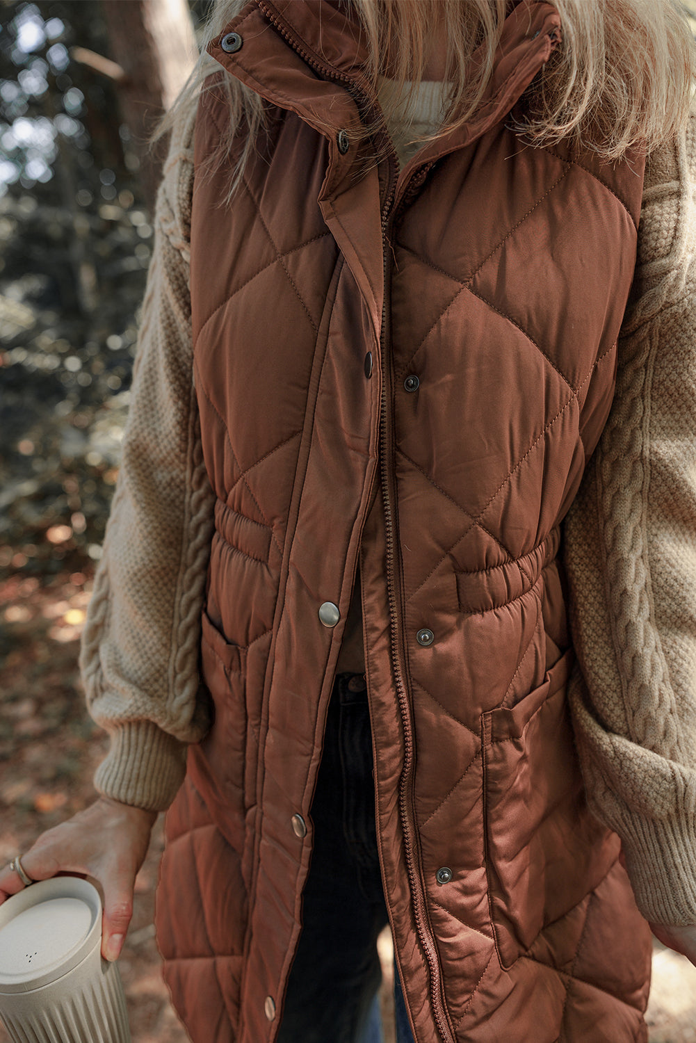 Coffee Longline Quilted Stand Collar Puffer Vest-Chaelisa's New Jammies