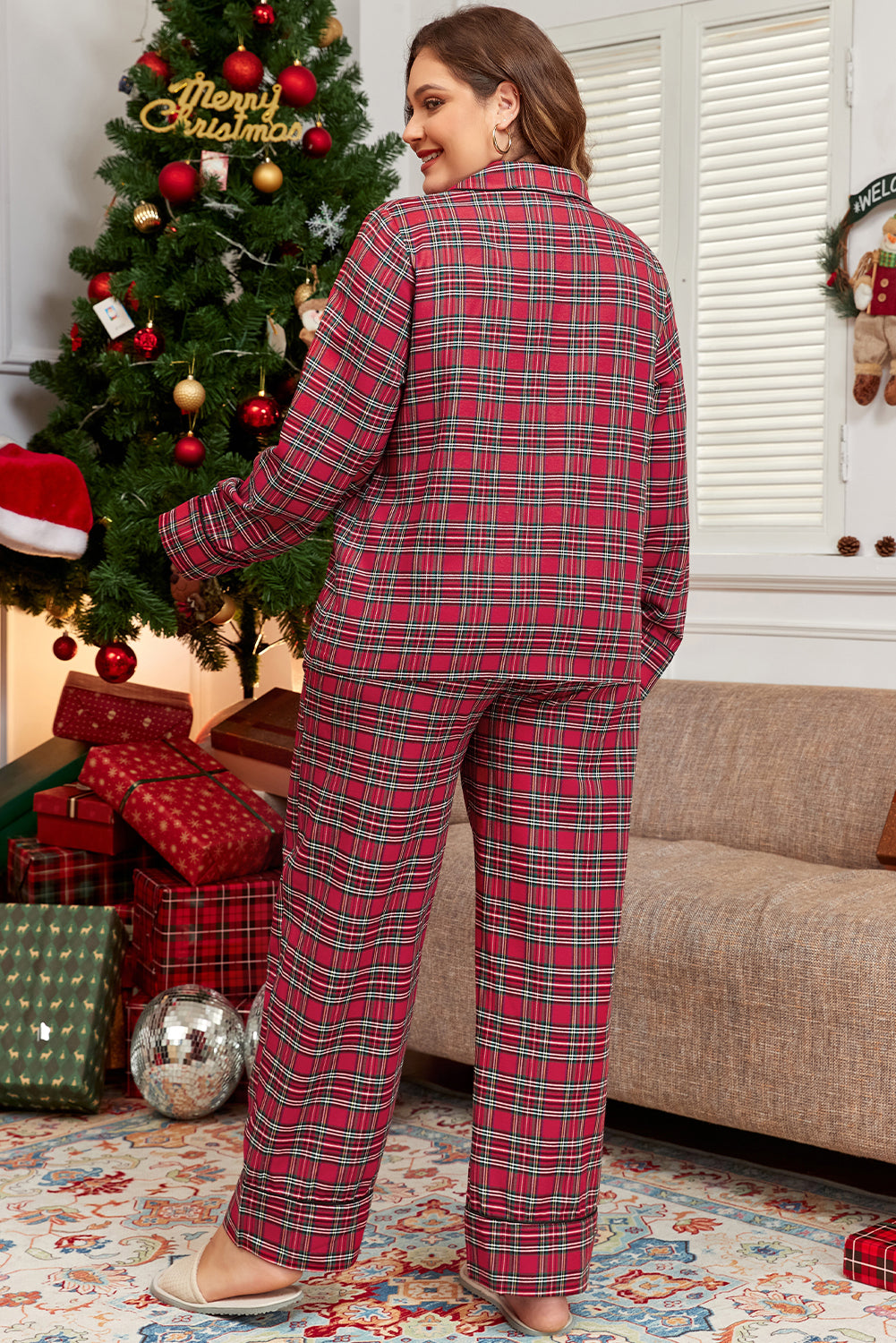 Red Plaid Printed Shirt and Pants Plus Size Lounge Set-Chaelisa's New Jammies
