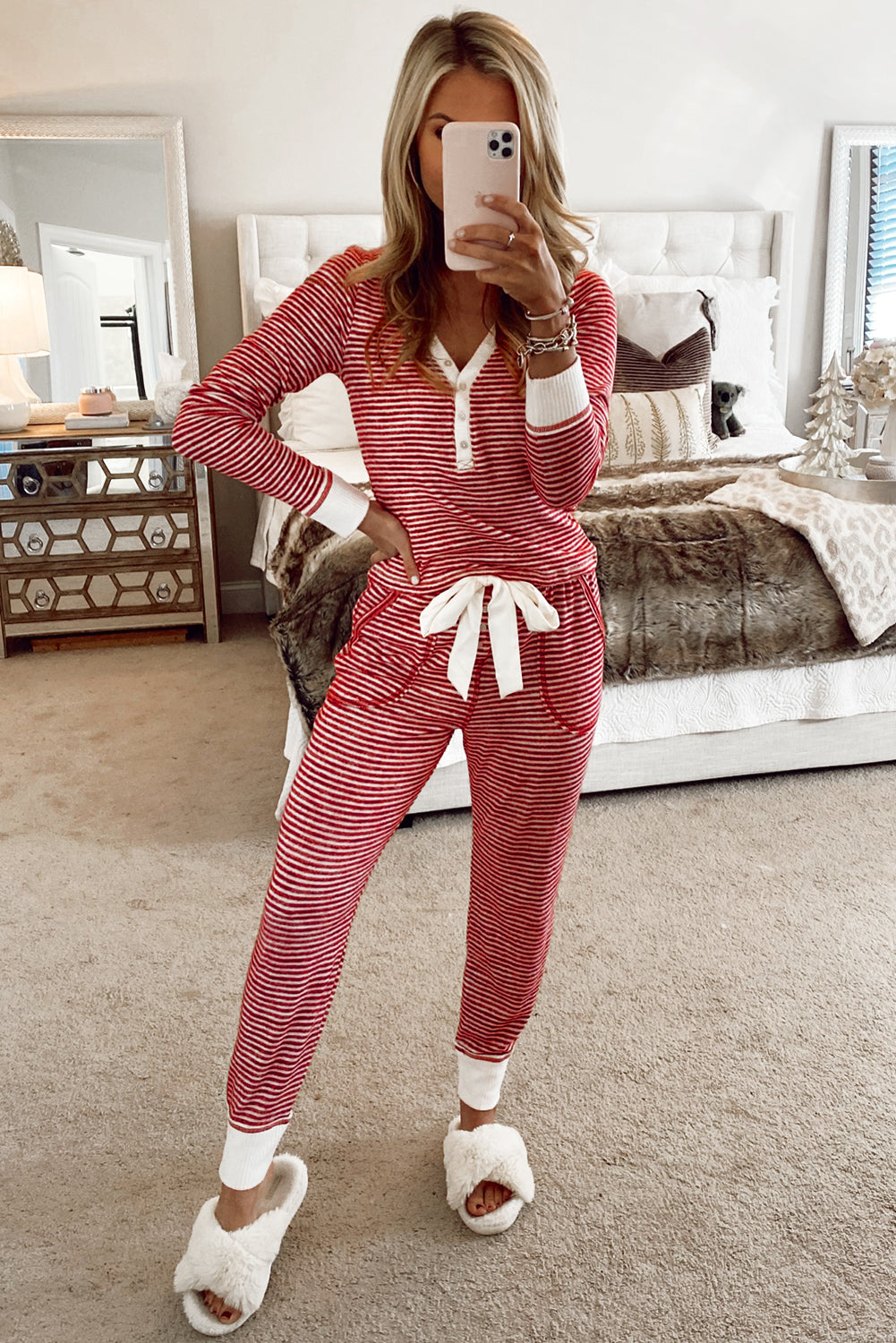 Red Stripe Buttoned V Neck Top and Knotted Waist Pants Lounge Set-Chaelisa's New Jammies