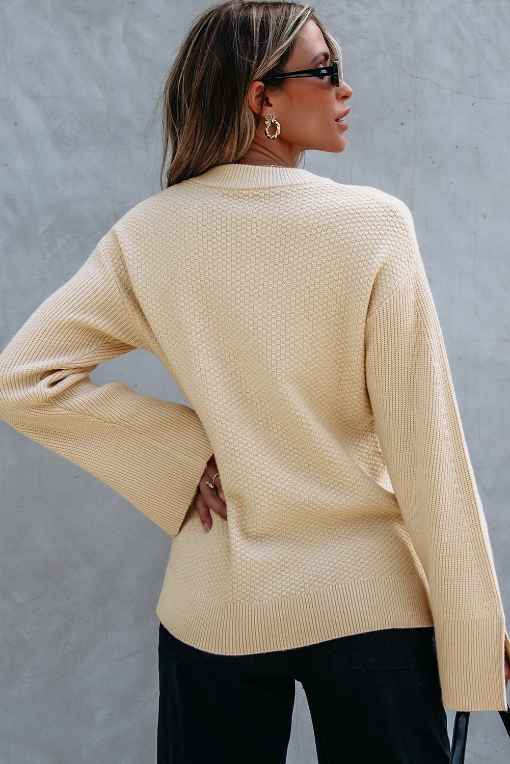 Parchment Solid Textured Knit Split Cuff Drop Shoulder Loose Sweater-Chaelisa's New Jammies