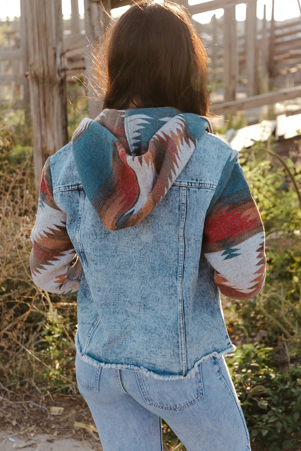 Multicolor Aztec Print Frayed Hem Denim Jacket-Chaelisa's New Jammies