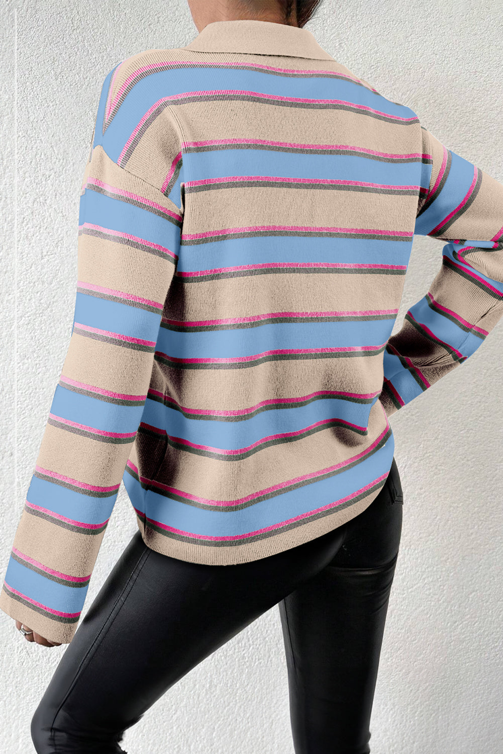 Apricot Stripe Collared V Neck Drop Shoulder Loose Sweater-Chaelisa's New Jammies