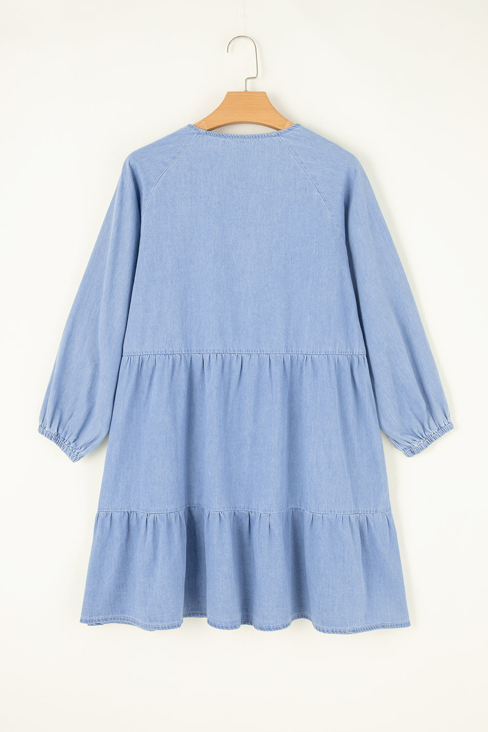 Beau Blue Puff Sleeve V Neck Tiered Ruffled Chambray Mini Dress-Chaelisa's New Jammies