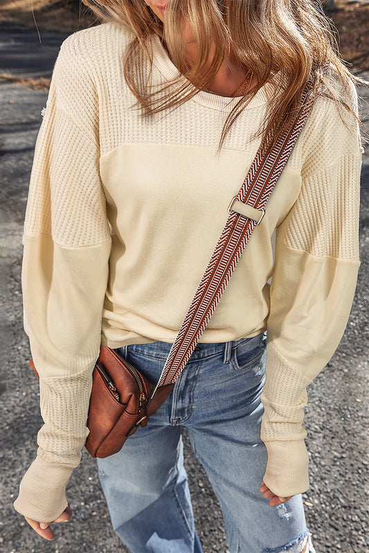 Beige Thermal Knit Patchwork Exposed Seam Long Sleeve Top-Chaelisa's New Jammies