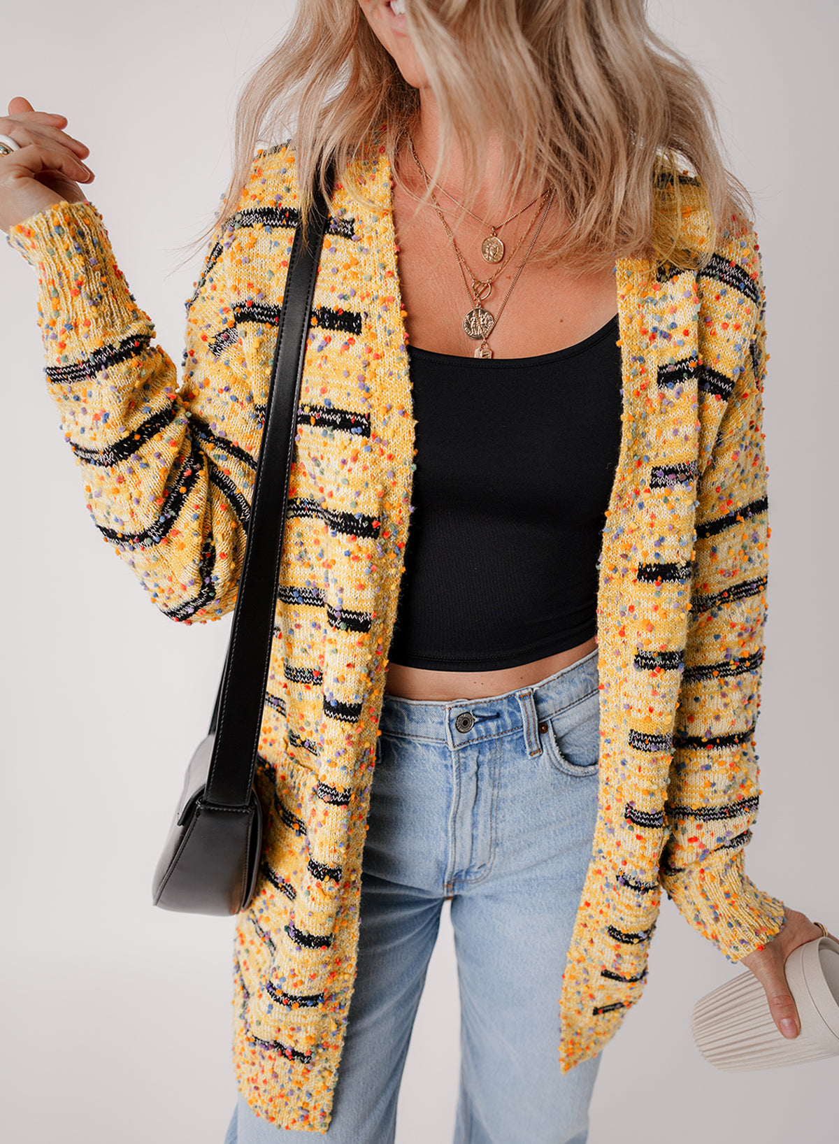 Beige Striped Pom Pom Knit Open Front Long Cardigan-Chaelisa's New Jammies