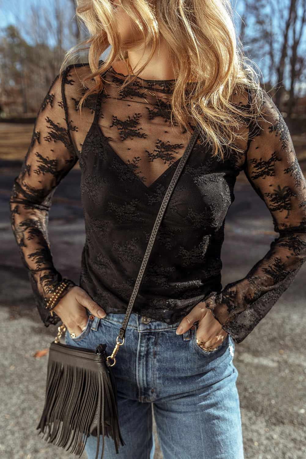Black Lace Mesh Crochet Splicing Slim Fit Long Sleeve Blouse-Chaelisa's New Jammies