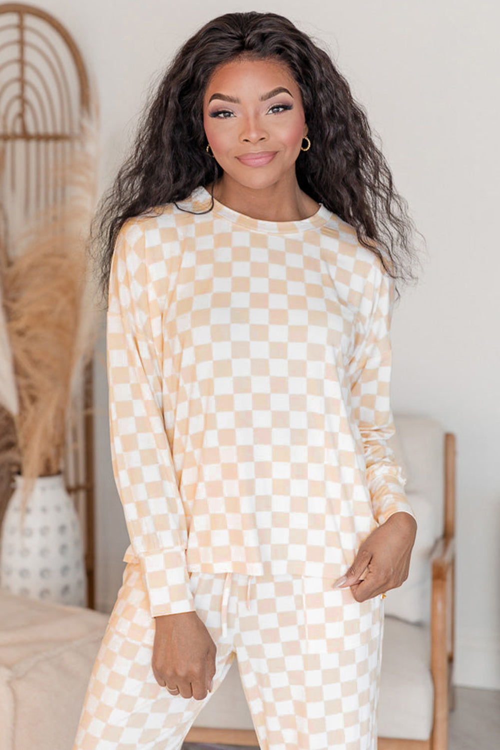 Beige Checkered Print Long Sleeve Top and Pants Lounge Set-Chaelisa's New Jammies