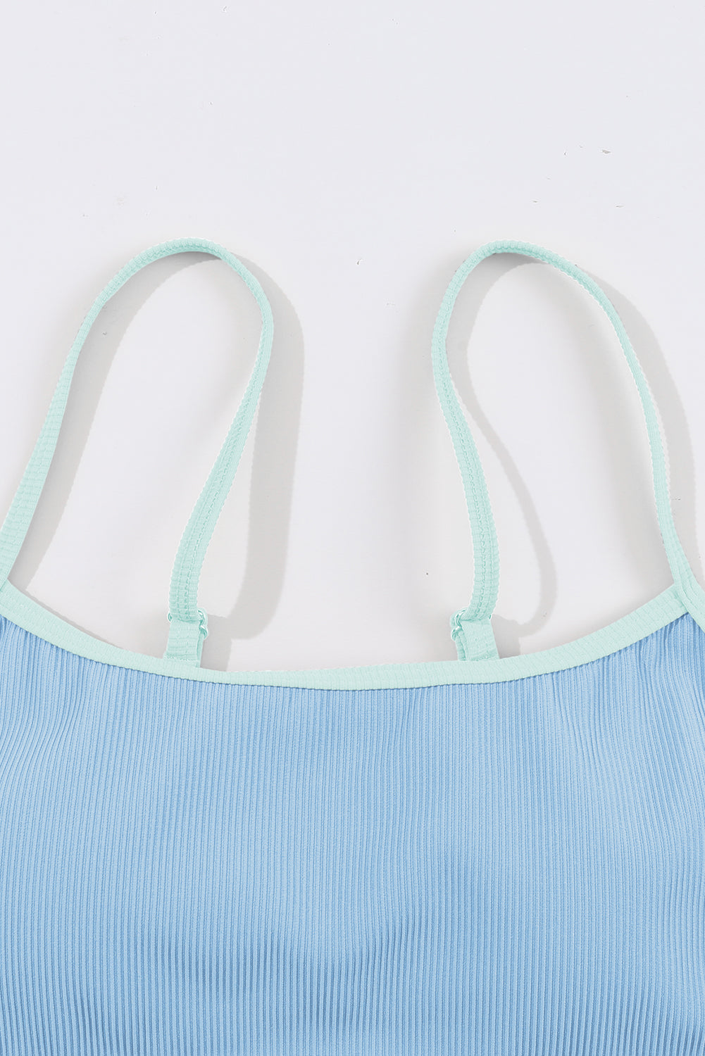 Beau Blue Stylish Ribbed Contrast Trim Spaghetti Straps 2pcs Bikini Swimsuit