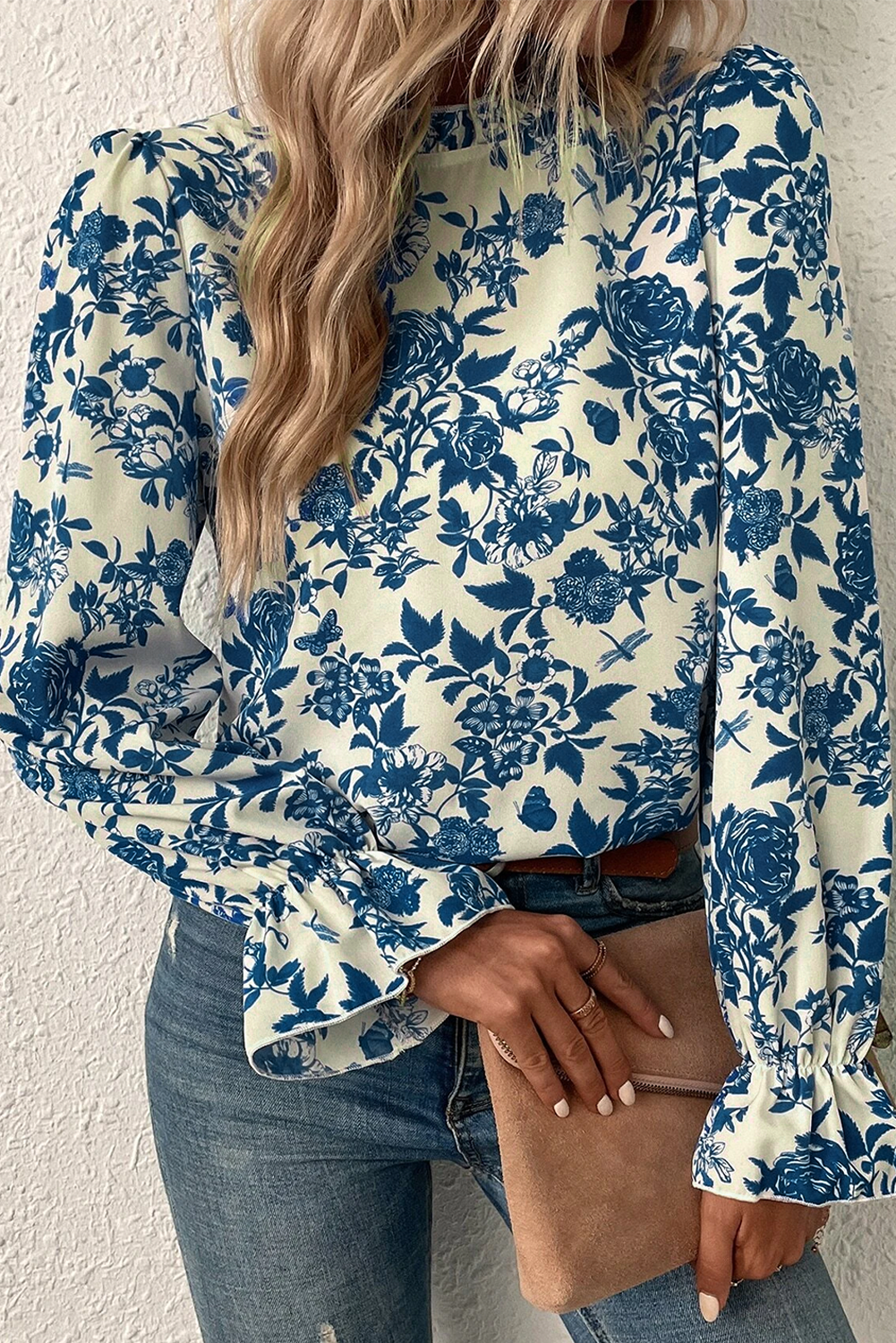 Sky Blue Floral Print Flounce Sleeve Keyhole Back Blouse-Chaelisa's New Jammies