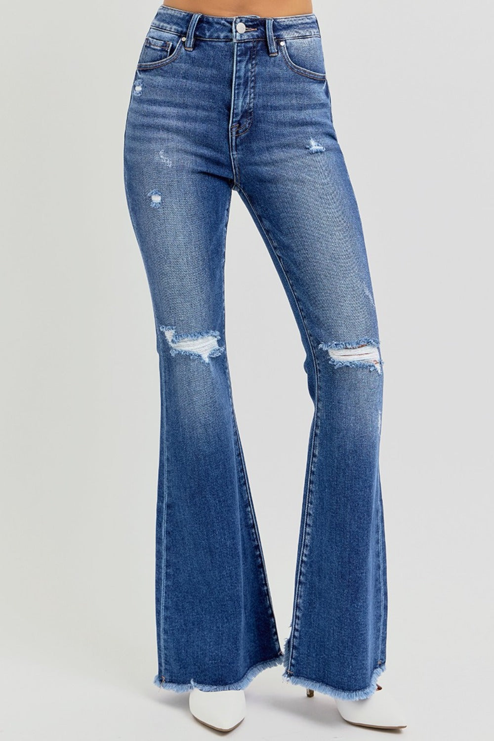 RISEN Full Size High Rise Distressed Raw Hem Flare Jeans-Chaelisa's New Jammies
