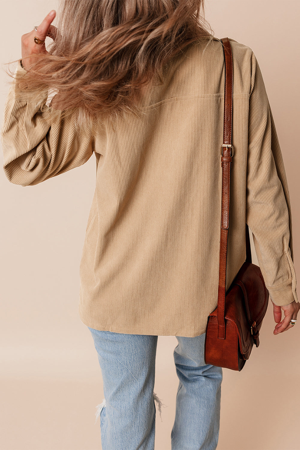 Light French Beige Solid Frilled Flap Pocket Button Up Corduroy Shacket-Chaelisa's New Jammies