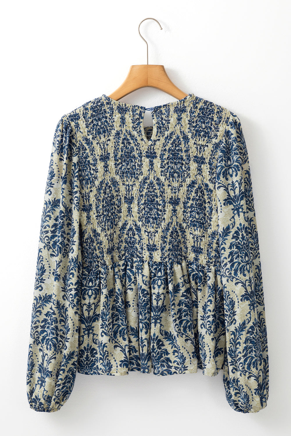 Sky Blue Boho Printed Balloon Sleeve Smocked Peplum Blouse-Chaelisa's New Jammies