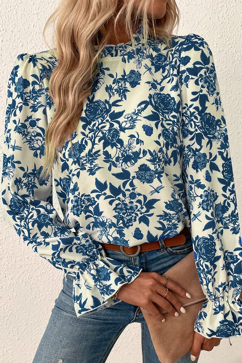 Sky Blue Floral Print Flounce Sleeve Keyhole Back Blouse-Chaelisa's New Jammies