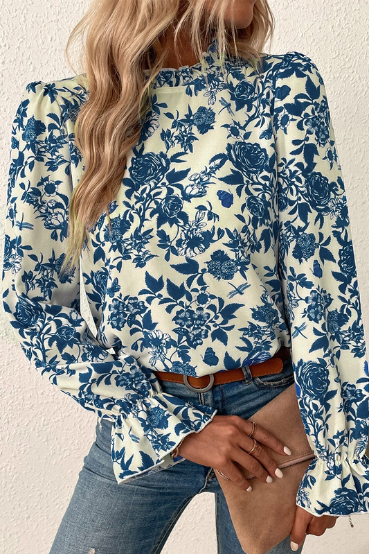 Sky Blue Floral Print Flounce Sleeve Keyhole Back Blouse-Chaelisa's New Jammies