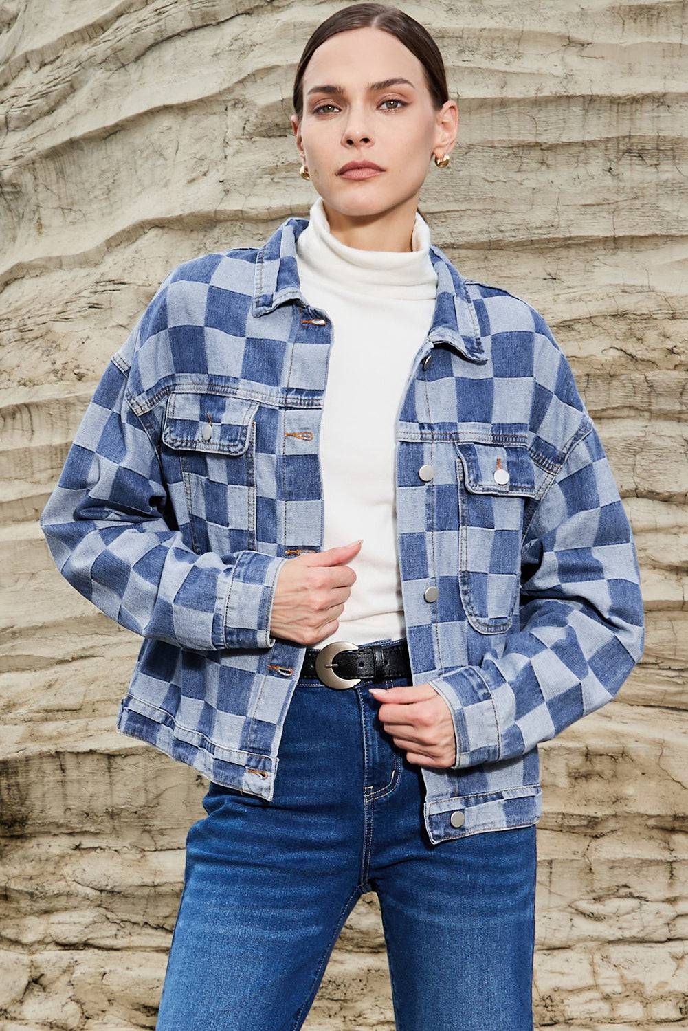 Light Blue Checkered Patchwork Button up Denim Jacket-Chaelisa's New Jammies