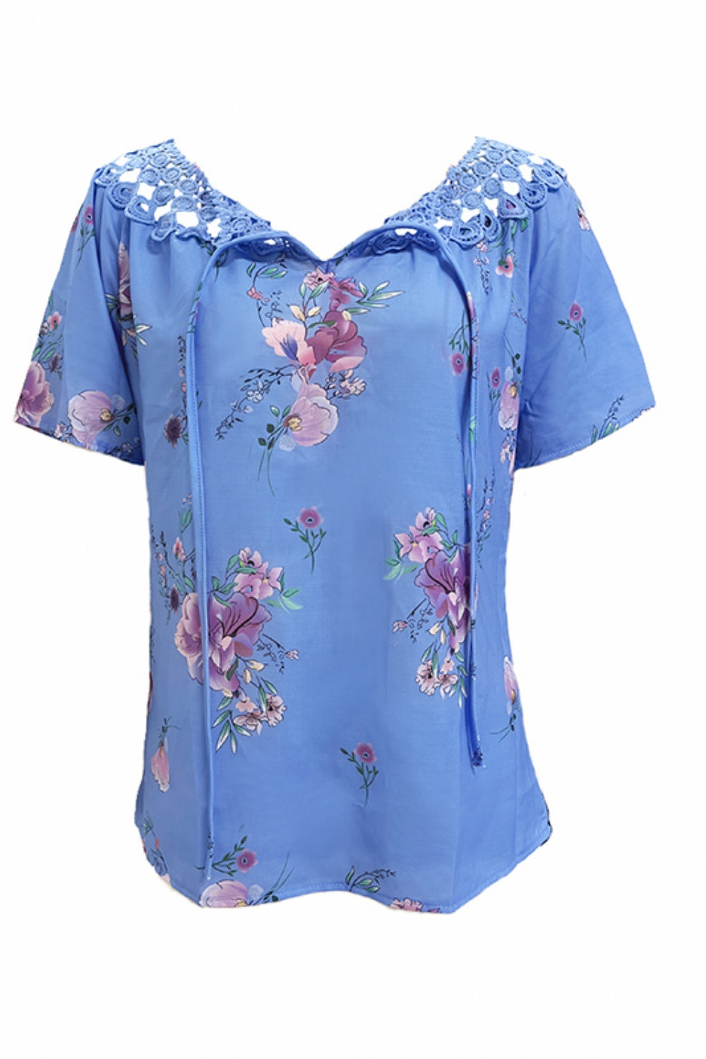 Full Size Printed Tie Neck Short Sleeve Blouse-Chaelisa's New Jammies