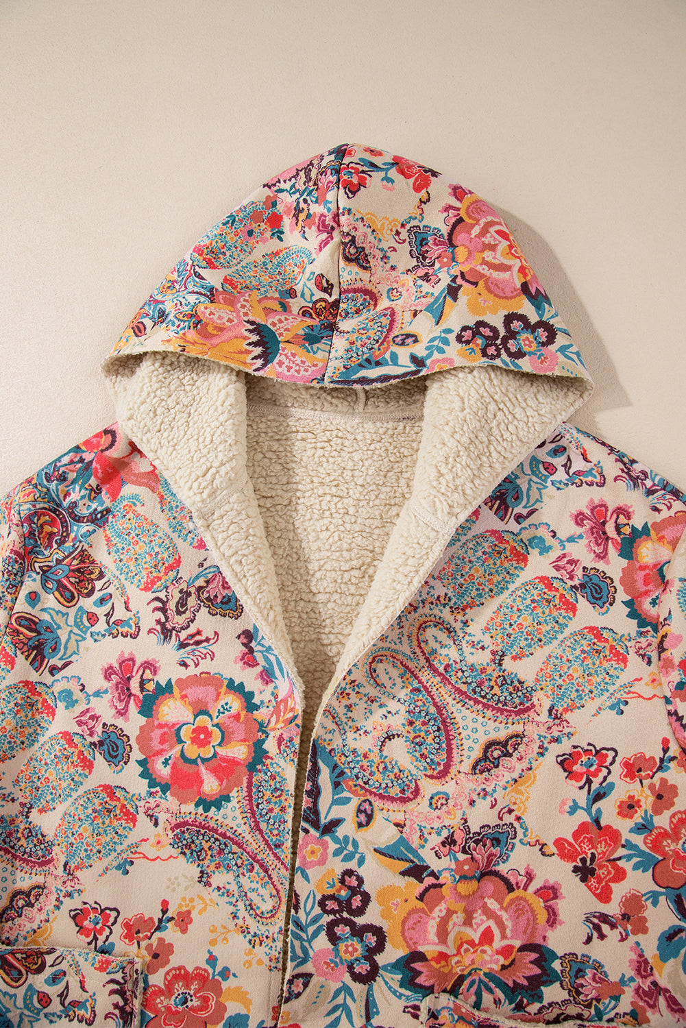 Beige Vintage Paisley Floral Printed Sherpa Lined Hooded Jacket-Chaelisa's New Jammies