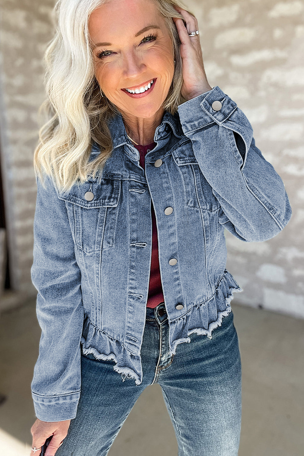 Beau Blue Ruffle Raw Hem Flap Pockets Denim Jacket-Chaelisa's New Jammies
