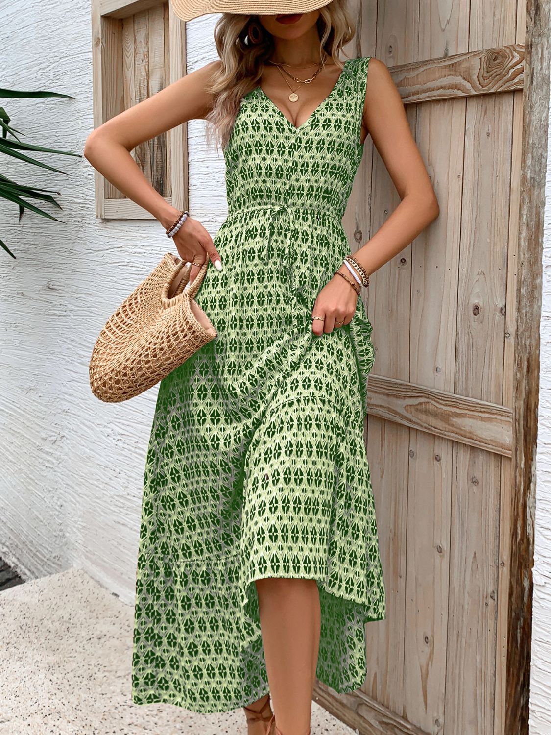 Printed V-Neck Tie Waist Midi Dress-Chaelisa's New Jammies