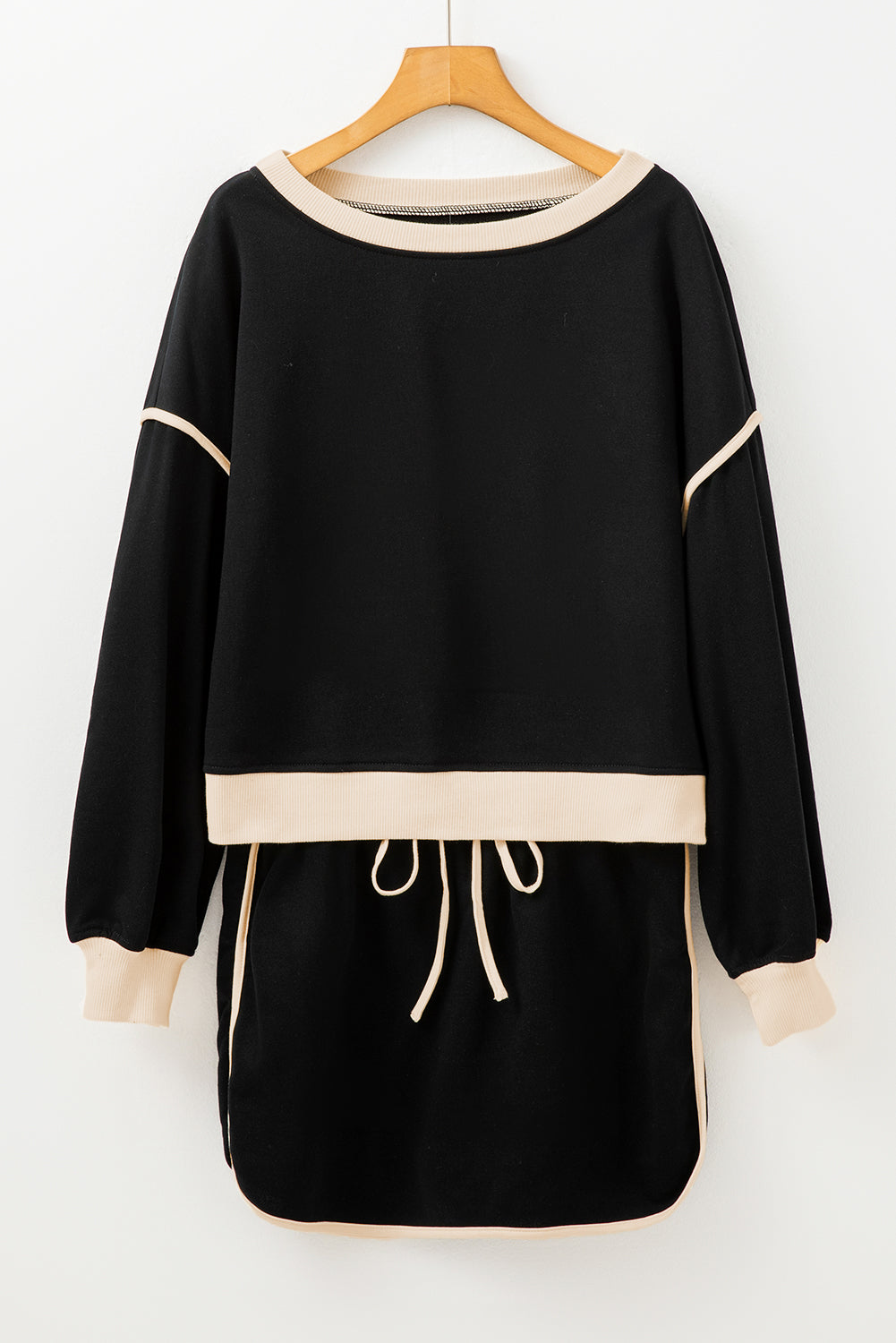Black Color Contrast Loose Pullover and Lace-up Waist Skort Set-Chaelisa's New Jammies