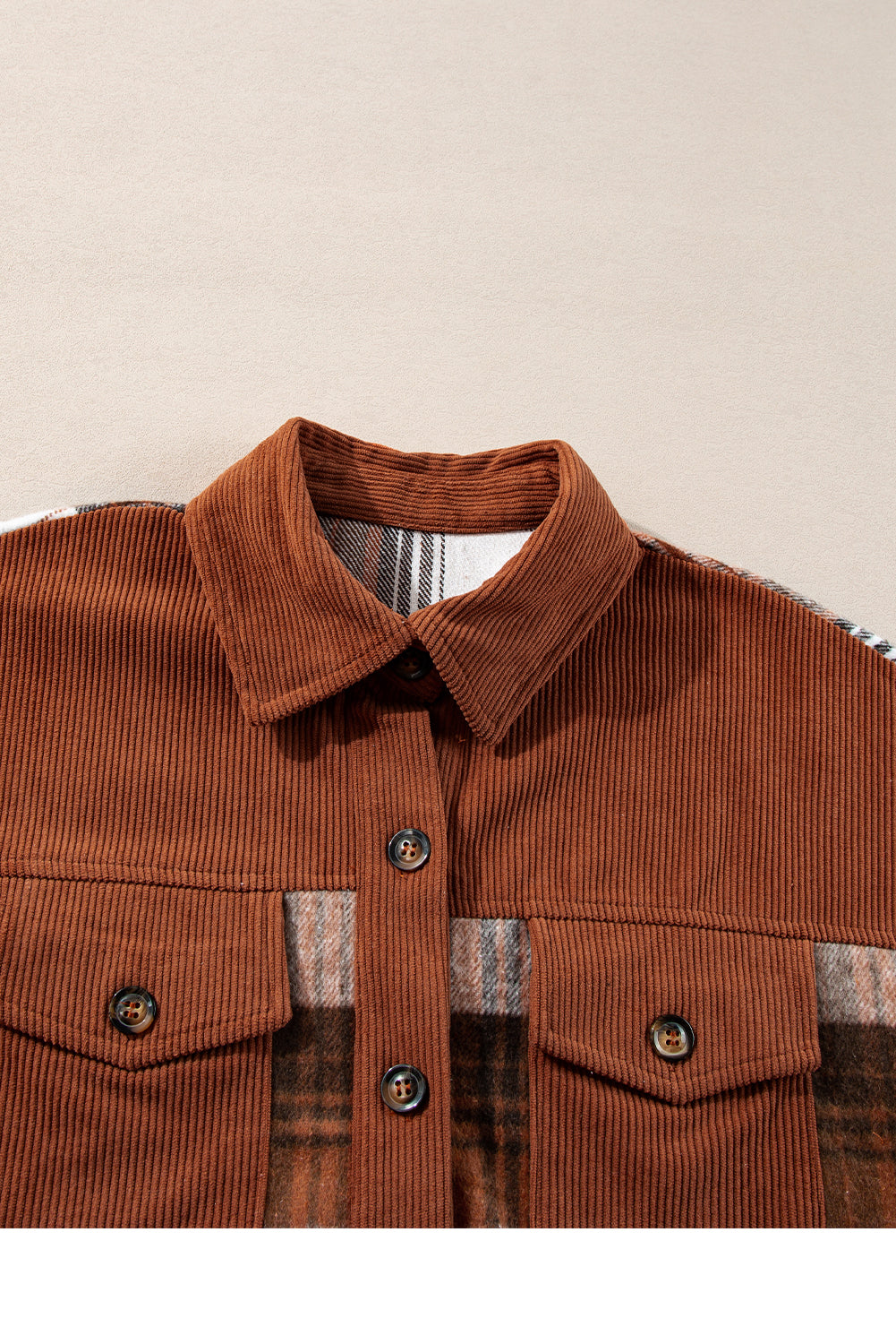 Cinnamon Plaid Corduroy Patchwork Chest Pocket Shacket-Chaelisa's New Jammies