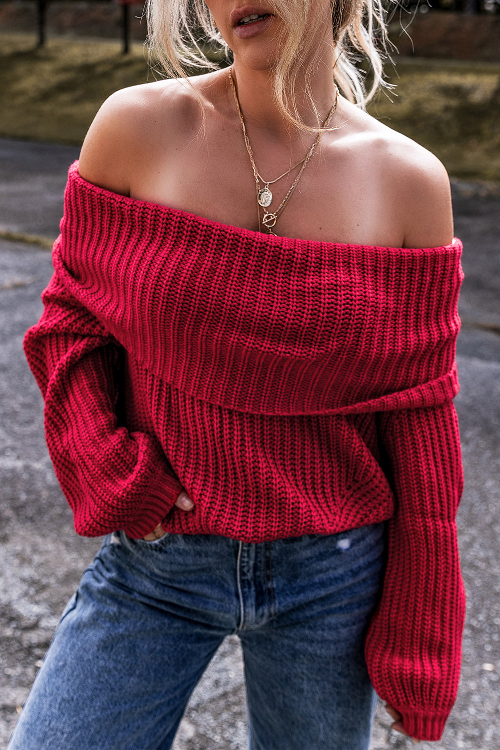 Racing Red Off-the-shoulder Knit Sweater-Chaelisa's New Jammies