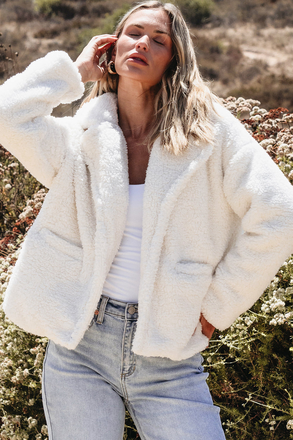 Beige Faux Fur Button Pocketed Lapel Collar Jacket-Chaelisa's New Jammies