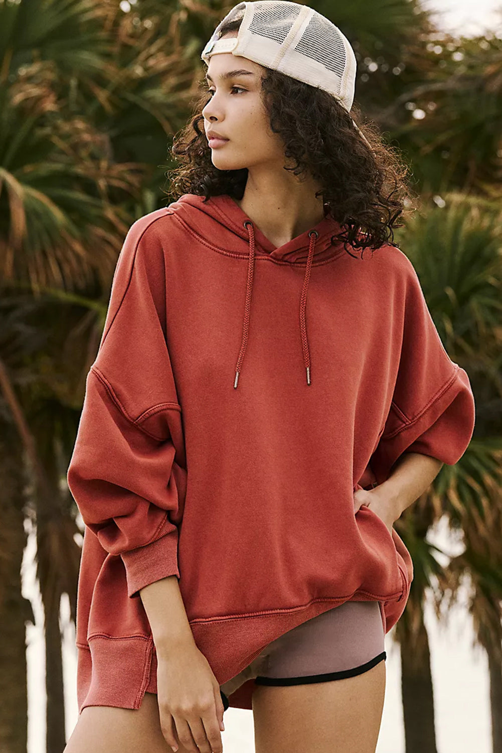 Red Clay Drop Shoulder Pocketed Baggy Drawstring Hoodie-Chaelisa's New Jammies