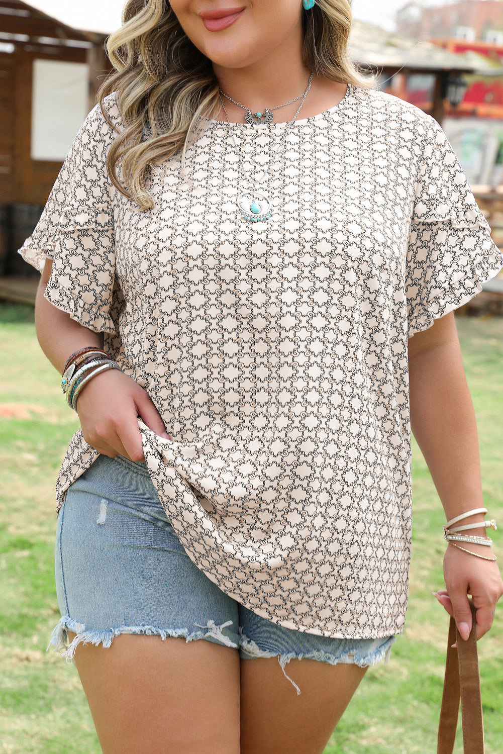 Khaki Plus Size Geometric Print Ruffled Sleeve Blouse-Chaelisa's New Jammies