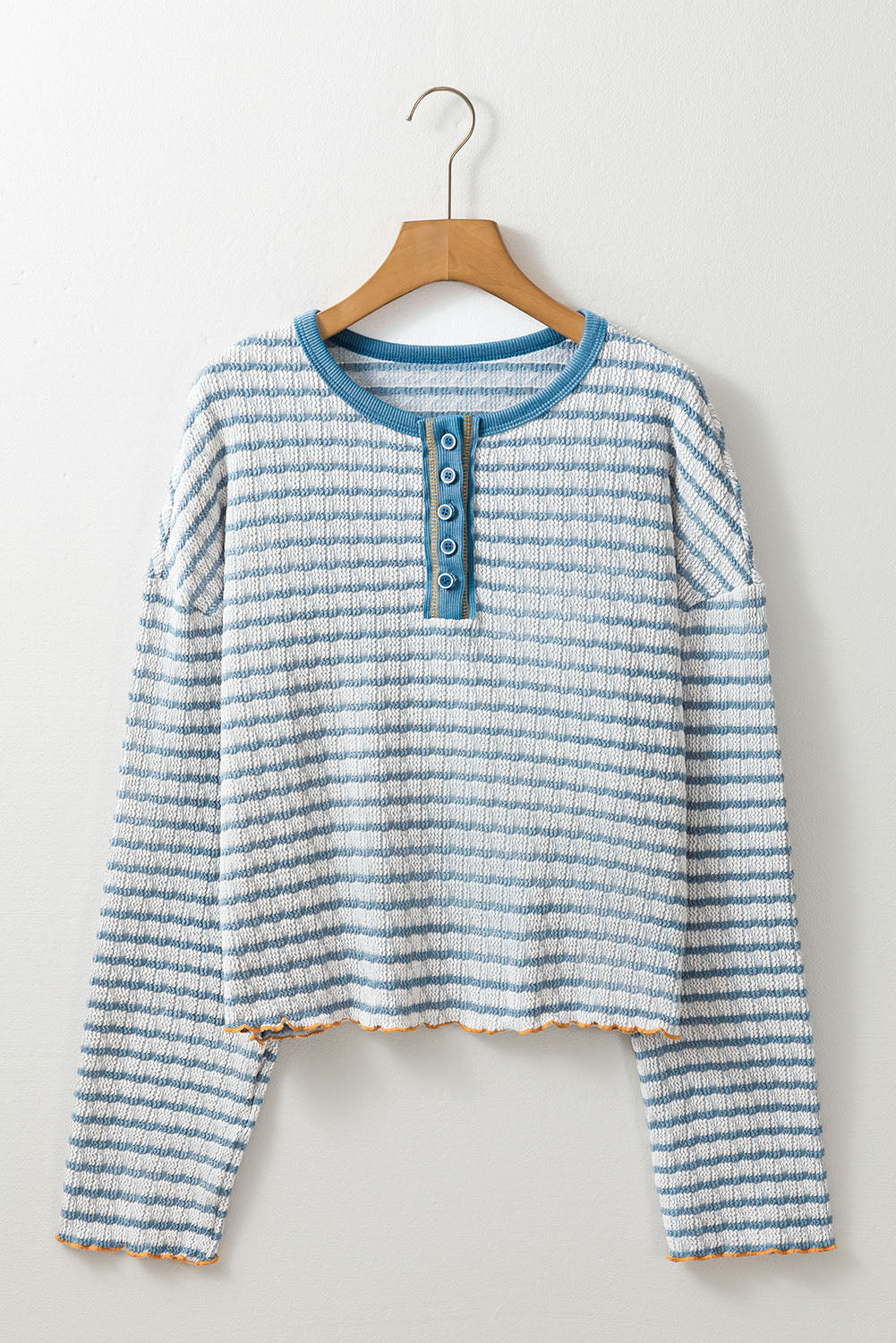 Sky Blue Stripe Textured Frilly Trim Buttons Henley Long Sleeve Top-Chaelisa's New Jammies
