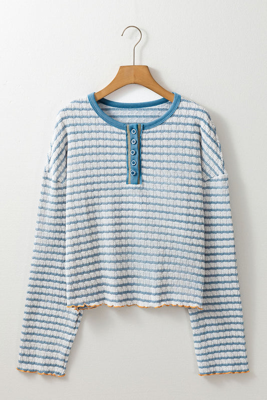 Sky Blue Stripe Textured Frilly Trim Buttons Henley Long Sleeve Top-Chaelisa's New Jammies